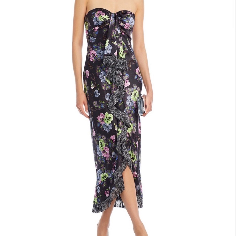 cinq a sept Black Strapless Floral Ruffle Midi Dress with Silver Fringe